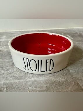 "SPOILED" Rae Dunn Ceramic Pet Bowl - Red Interior, White Exterior